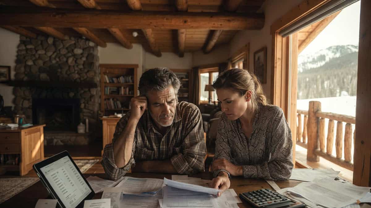 Couple reviewing documents and financial records in a rustic Colorado home, illustrating brand challenges and