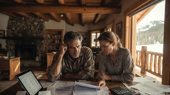 Couple reviewing documents and financial papers in a rustic Colorado home, illustrating brand challenges and