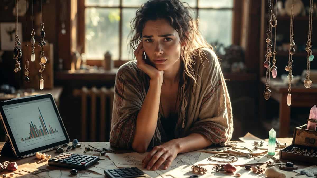 Woman looking concerned at tablet displaying email marketing analytics, Colorado Springs business owner.