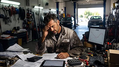 Frustrated mechanic with papers and computer screen illustrating low online visibility for Colorado Springs businesses.
