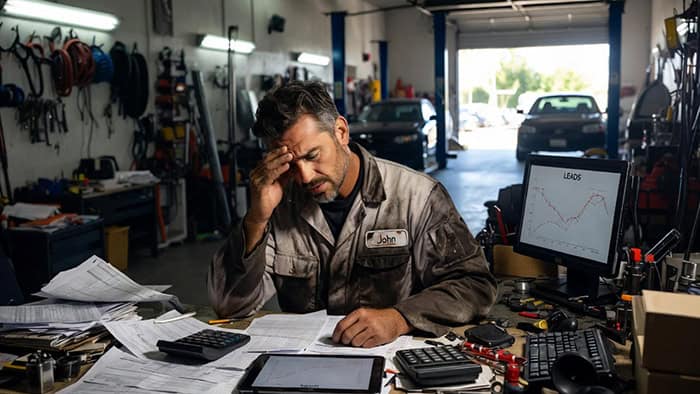 Frustrated auto shop owner struggling with low online visibility and lead generation in Colorado Springs.