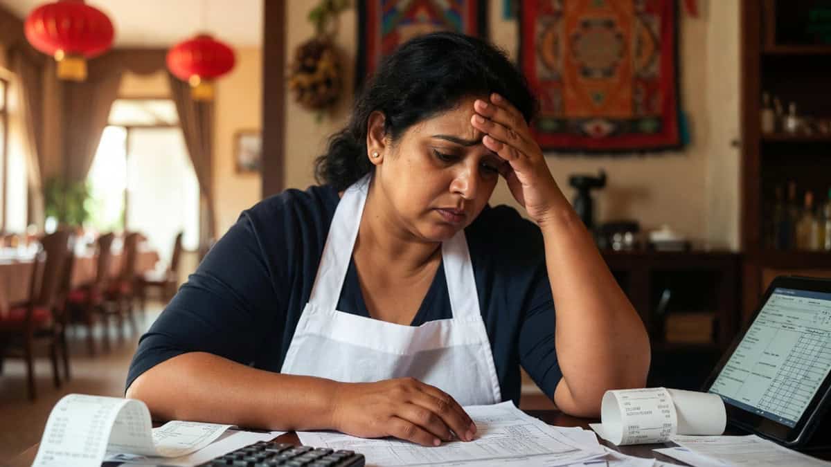 Frustrated business owner with receipts and tablet illustrating local SEO challenges in Colorado Springs.