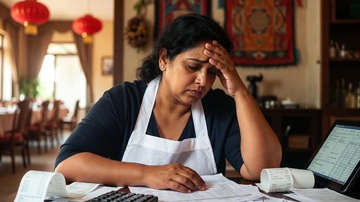 Frustrated business owner in Colorado Springs restaurant, managing local SEO challenges and lost visibility.