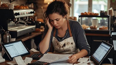 Overwhelmed business owner struggling with social media management and inconsistent brand presence.