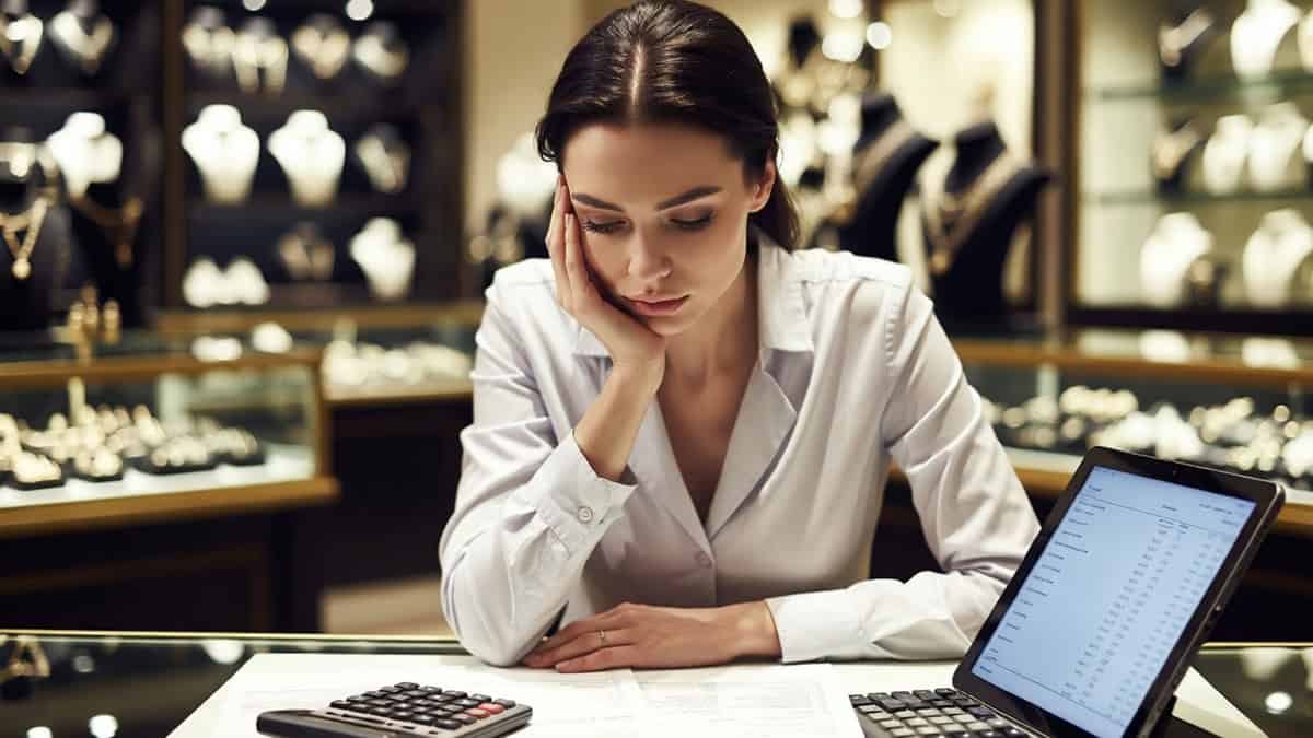 Woman in jewelry store looking concerned at laptop and calculator, illustrating traditional media buying for