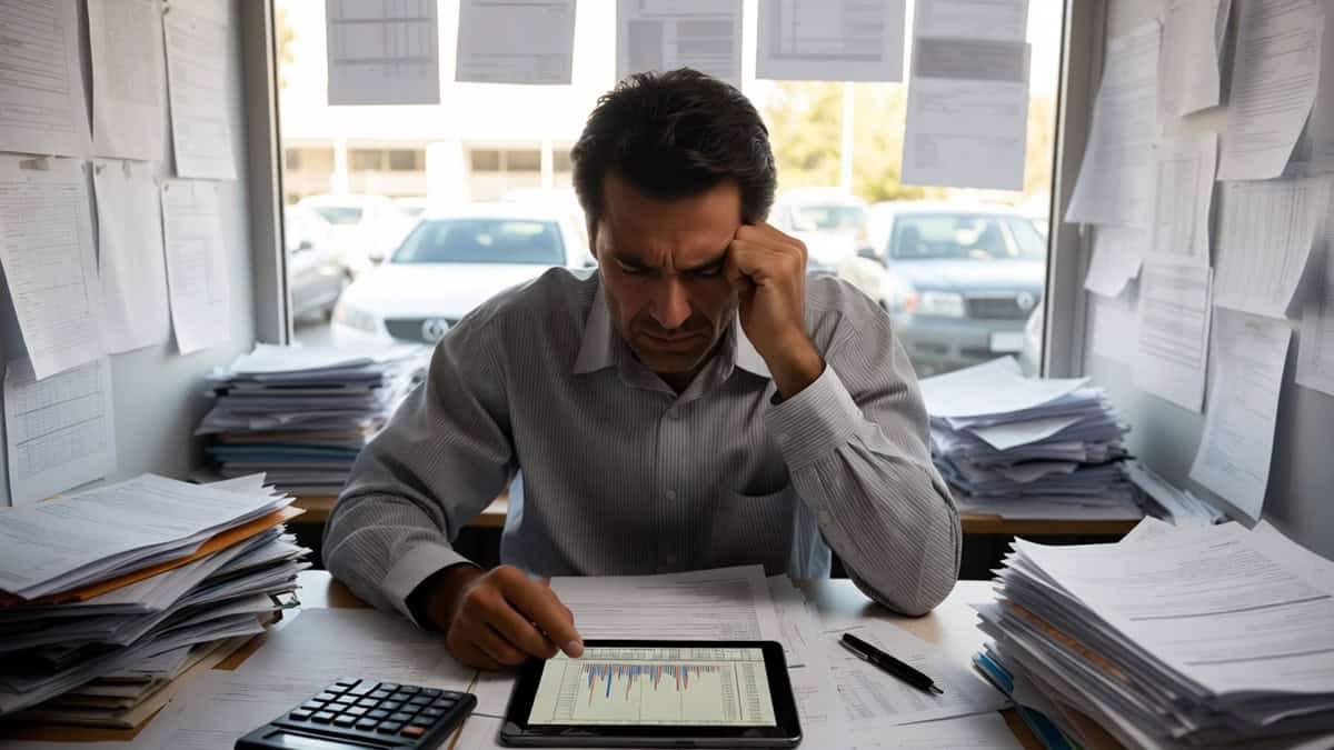 Man at desk overwhelmed by paperwork and digital data representing brand storytelling challenges.