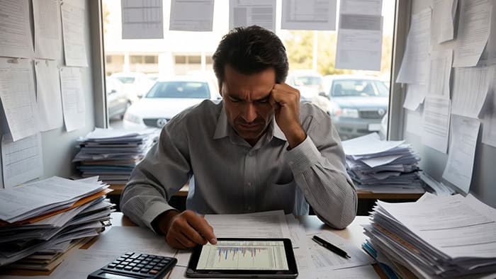 Man at desk reviewing video production charts, illustrating brand storytelling challenges.