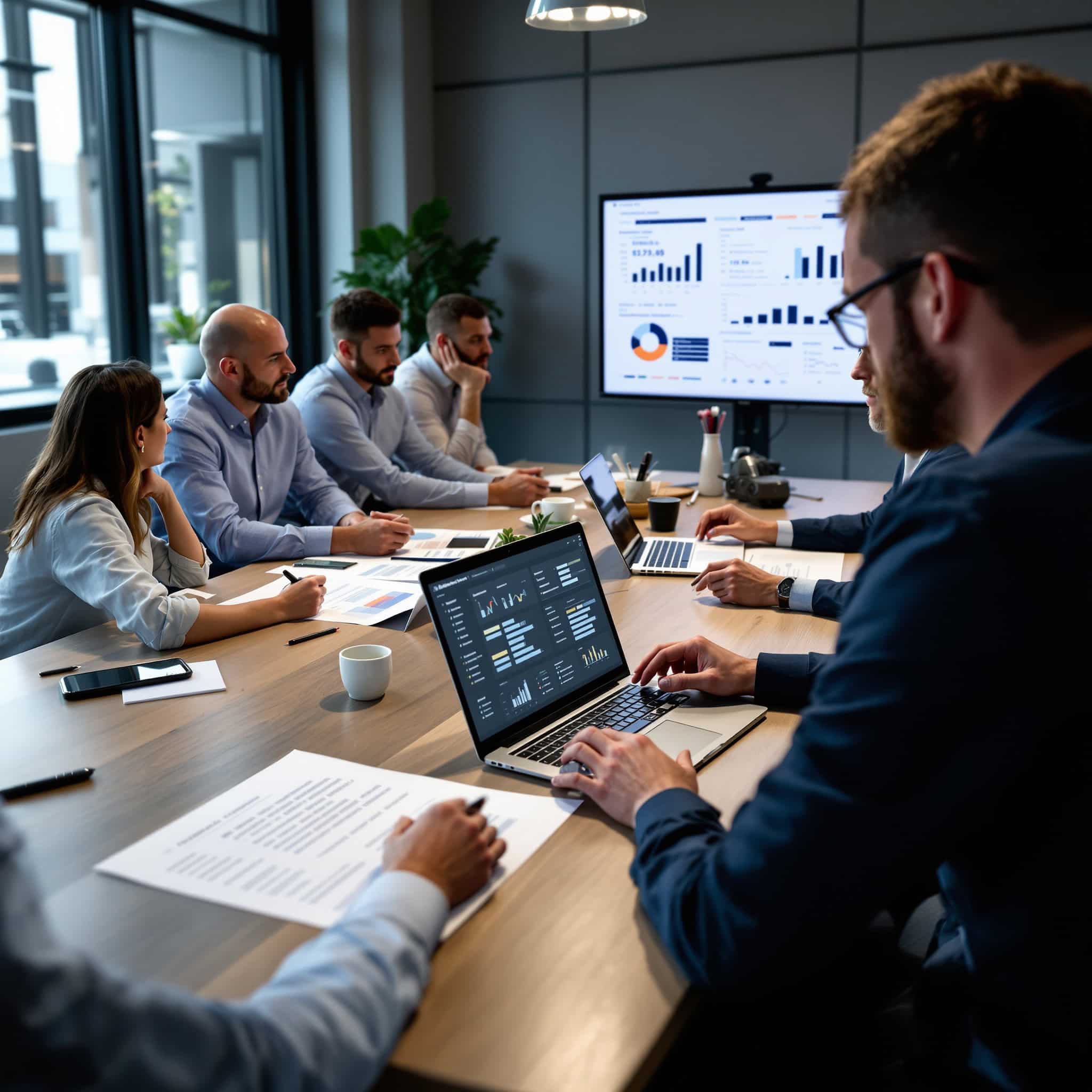 Marketing team meeting around a conference table reviewing a printed strategic plan and laptop dashboards showing multiple channel performance charts