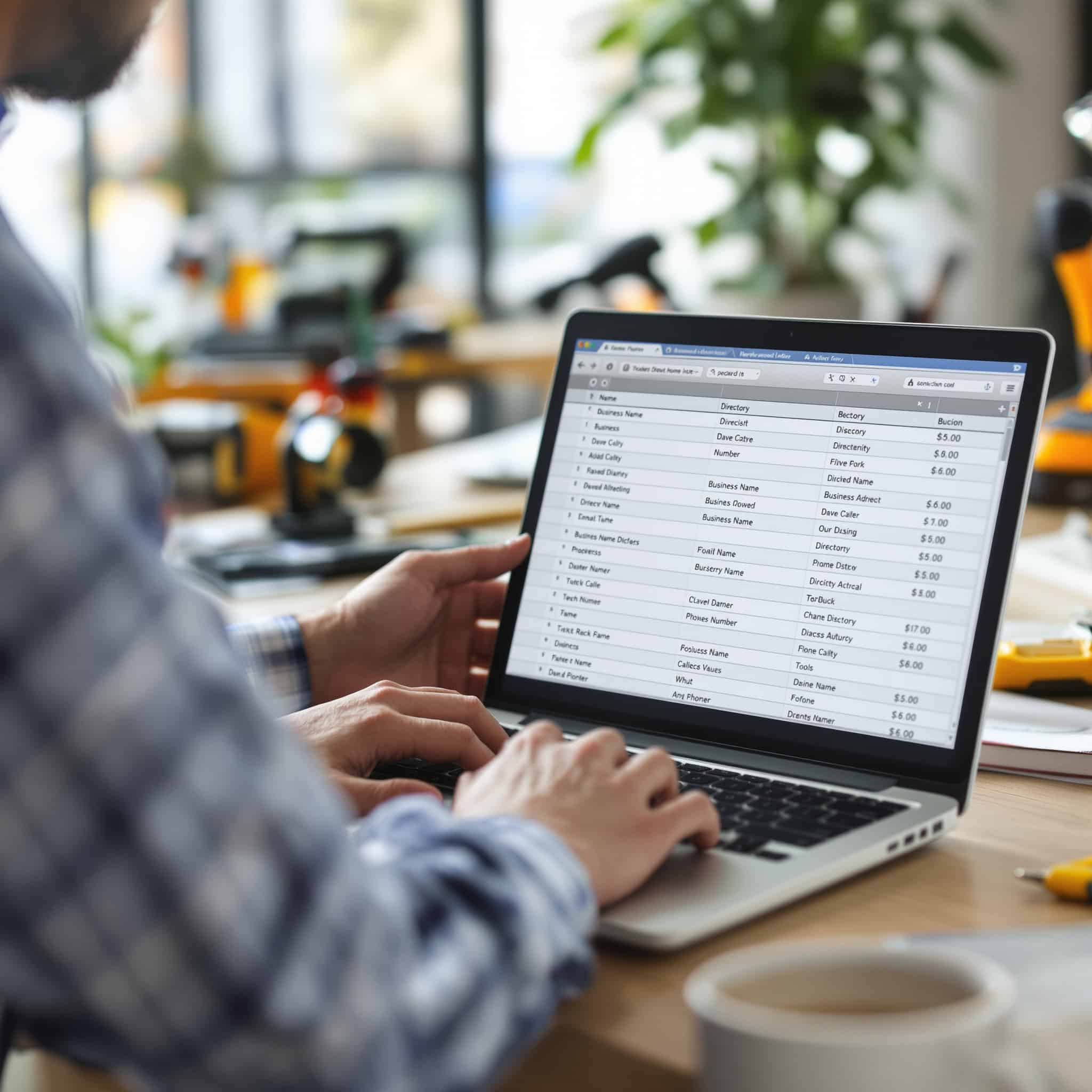 Business owner at a laptop reviewing a spreadsheet of directory listings with columns for business name address and phone number, natural office lighting