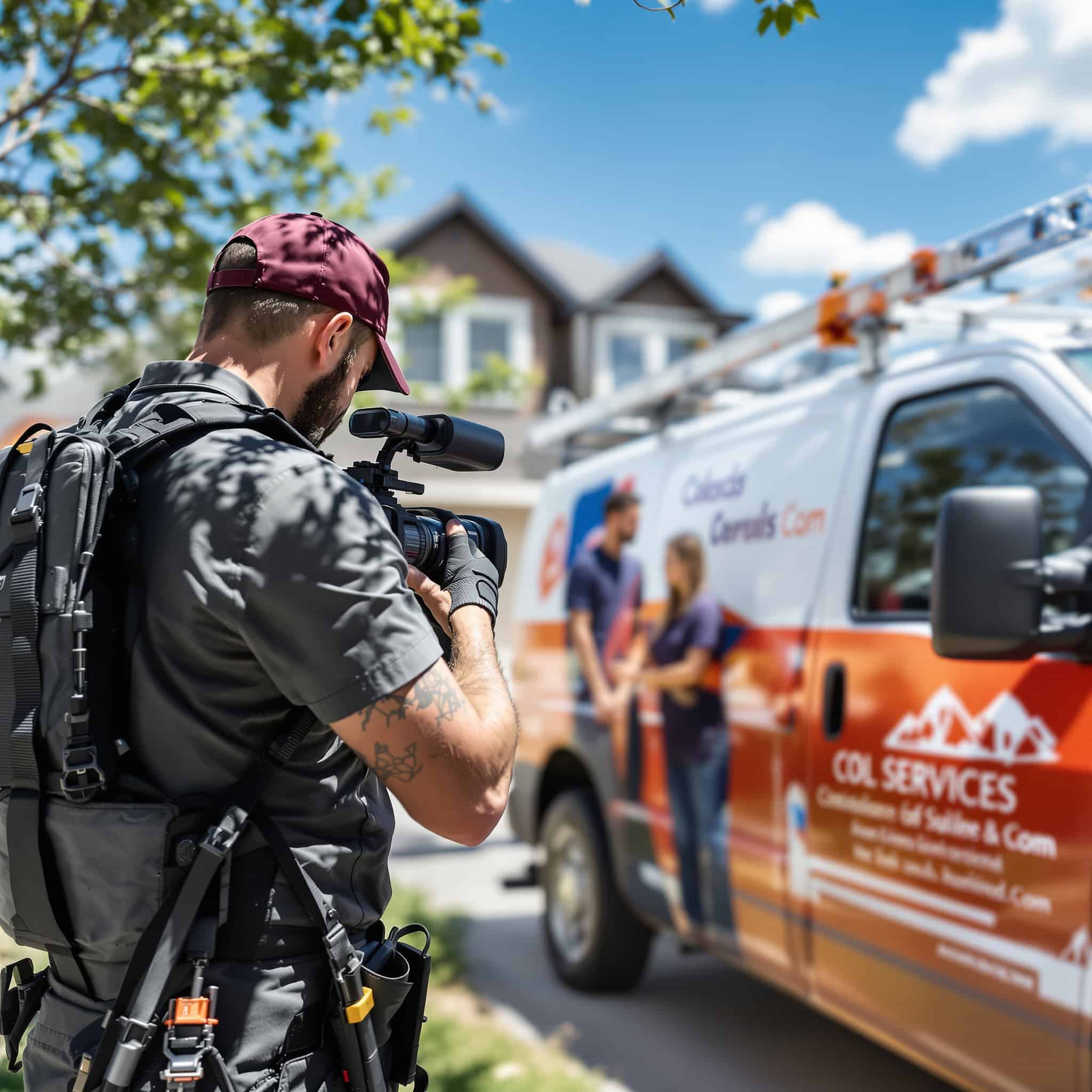 professional video production crew filming a uniformed service technician next to a branded work truck outside a Colorado Springs home on a bright sunny day
