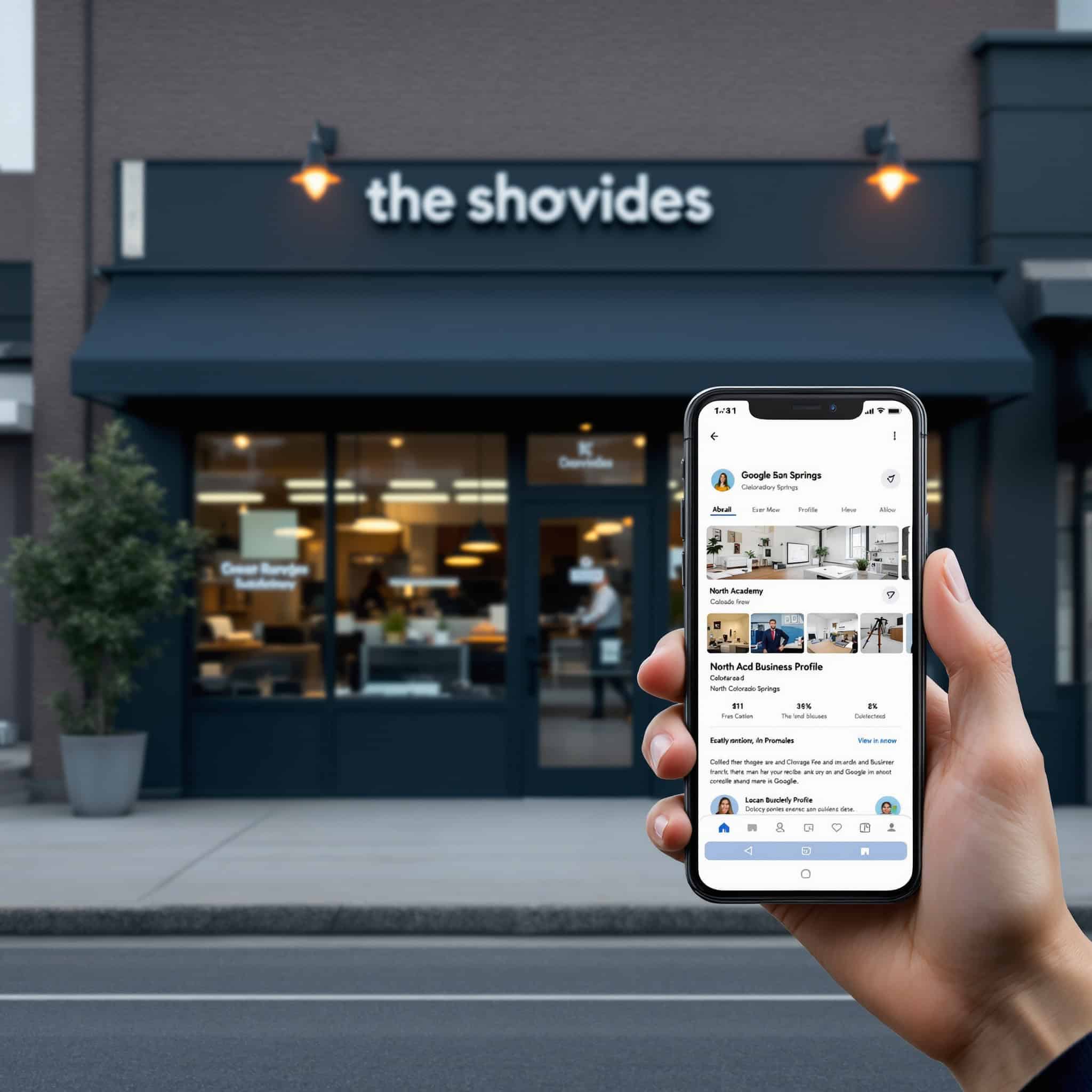 Split-screen style photo showing a small business storefront on North Academy Boulevard in Colorado Springs with a smartphone in the foreground displaying a Google Business Profile listing