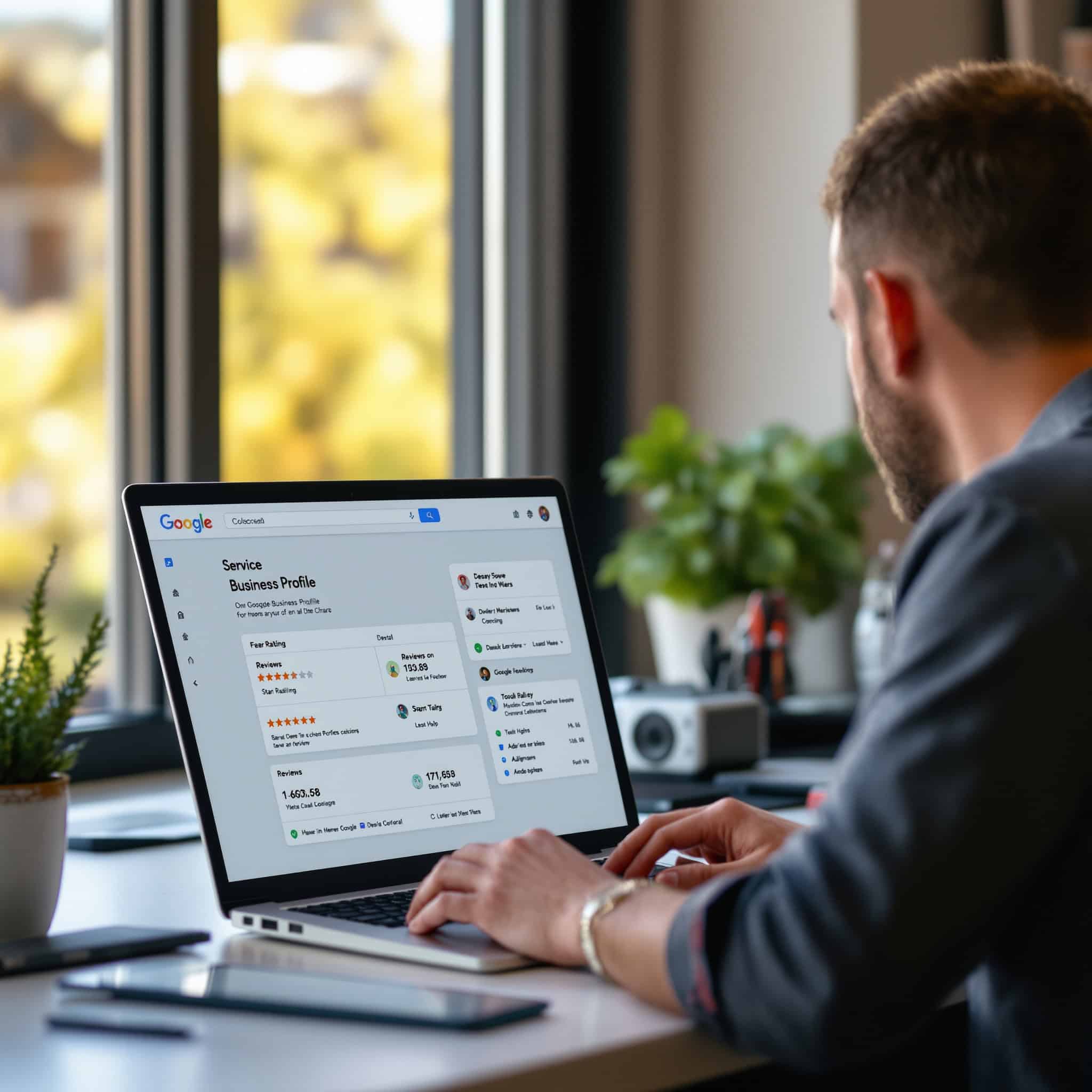 Service business owner at a clean office desk reviewing Google Business Profile dashboard on a laptop, showing star ratings and review counts, warm Colorado light through a window