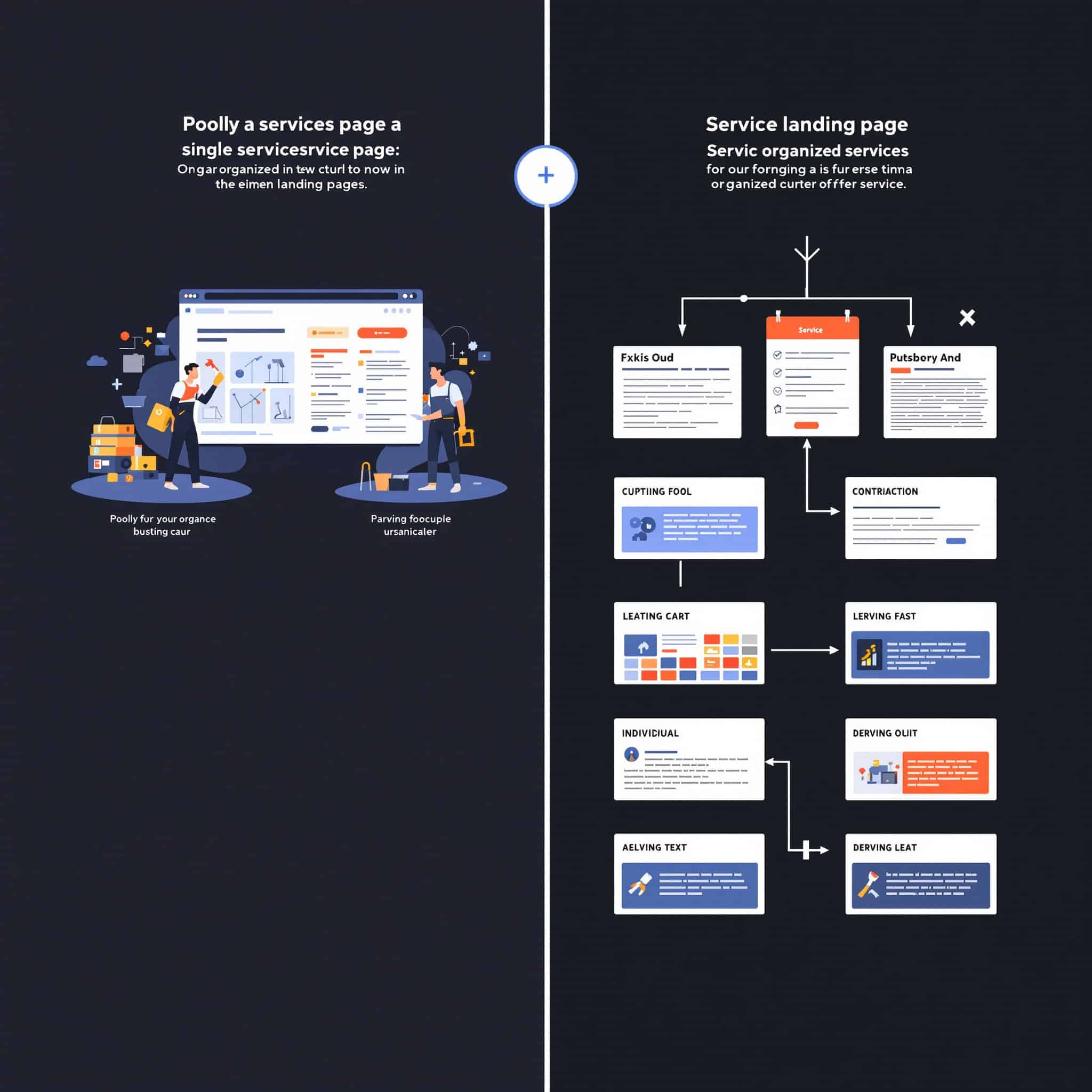Split-screen diagram showing a poorly organized single services page next to a well-organized set of individual service landing pages, clean flat illustration style