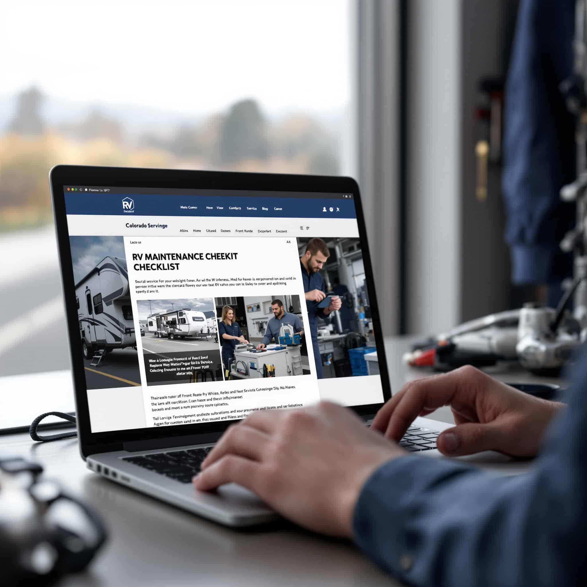 Laptop screen showing an RV maintenance checklist article open on a service shop website, with a highway visible through a nearby window