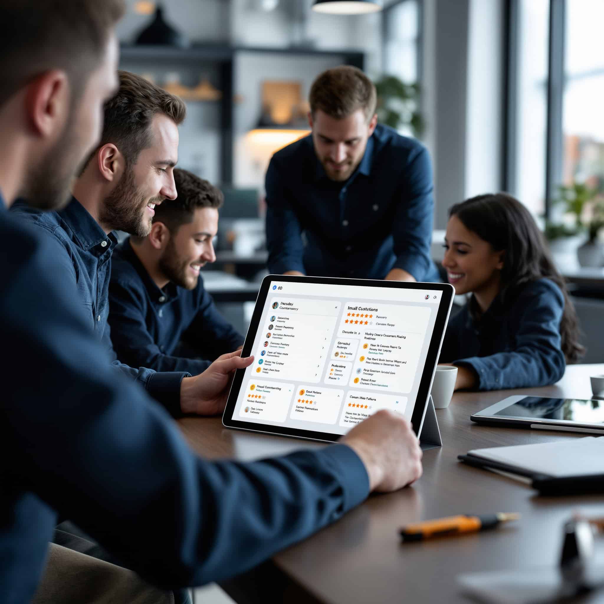 Small team meeting around a table reviewing a tablet showing a dashboard of recent customer reviews and star ratings