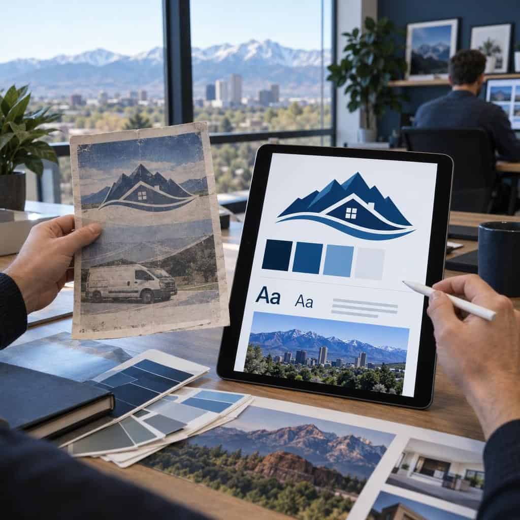 Side-by-side comparison on a desk of an older service company logo on a faded printed flyer and a clean modern identity system on a tablet, with color swatches and typography samples nearby