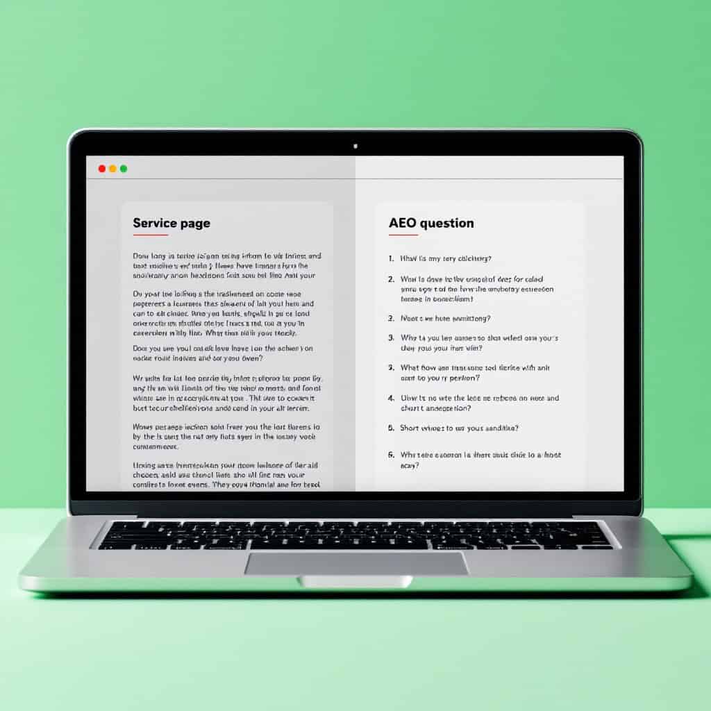 Side-by-side comparison on a laptop screen showing a traditional service page on the left with long paragraphs and an AEO-optimized page on the right with clear question headings and short answers