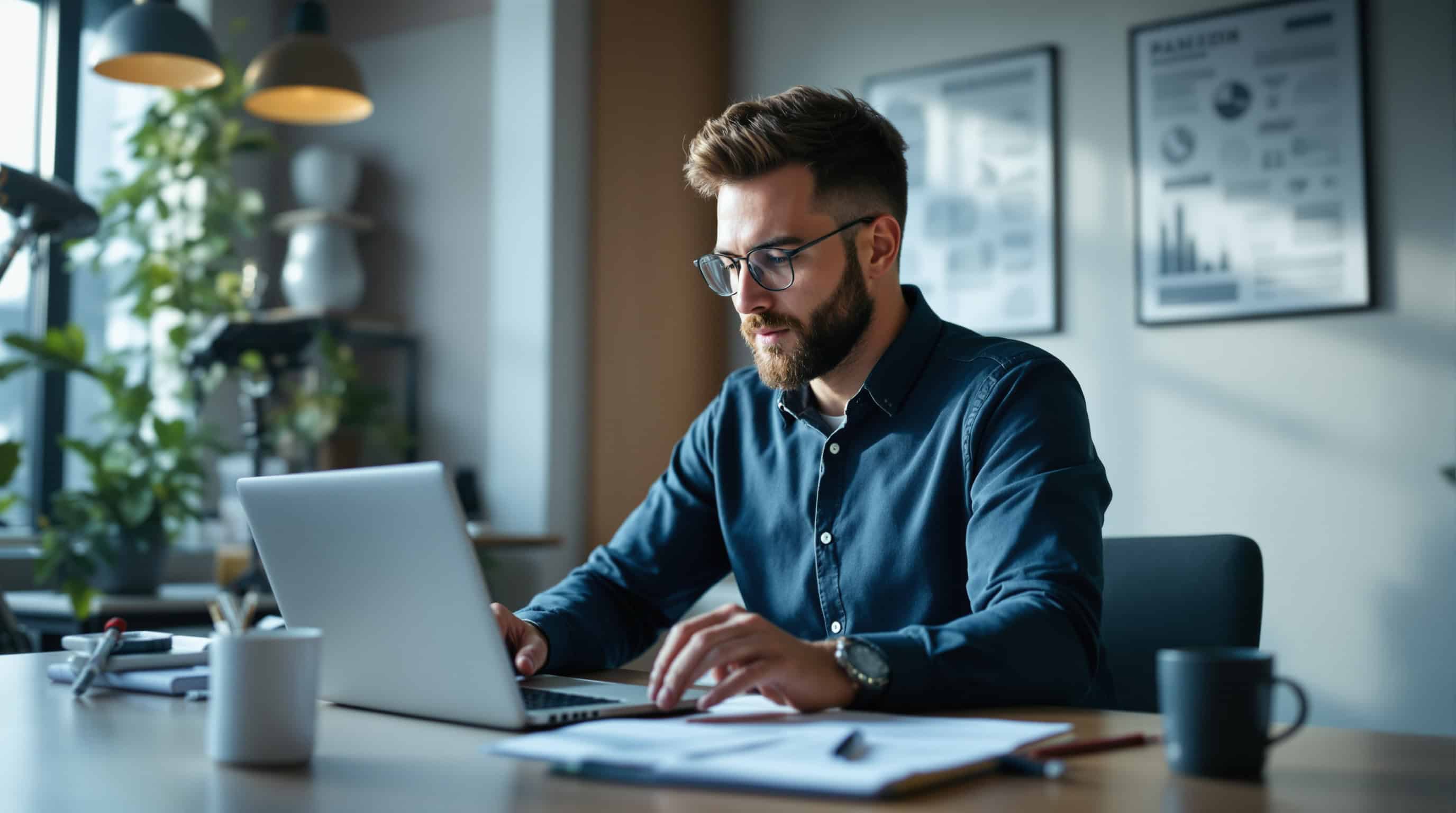 Man working on laptop in Colorado Springs office, discussing agency of record services.