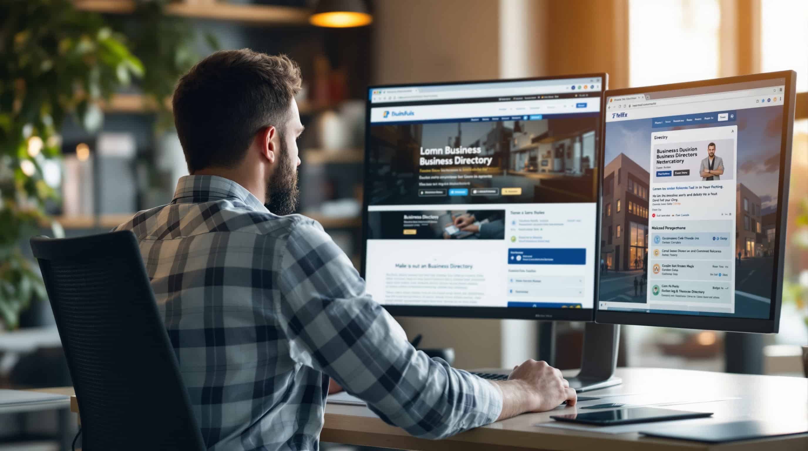 Man reviewing business listings on dual monitors for citation cleanup in Colorado Springs.