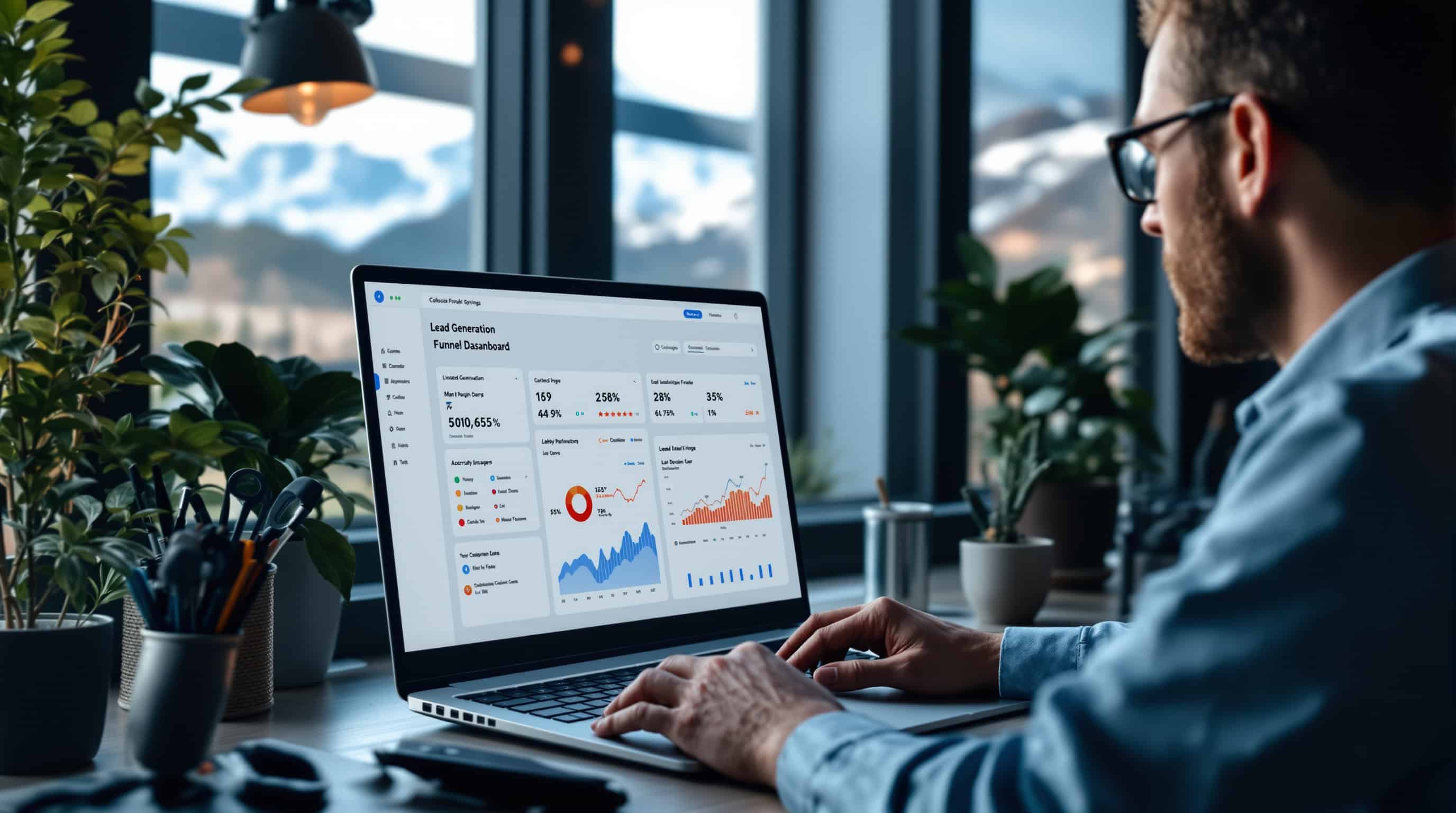 Colorado Springs business owner reviewing a lead generation funnel dashboard on a laptop at a desk with mountain views through the window