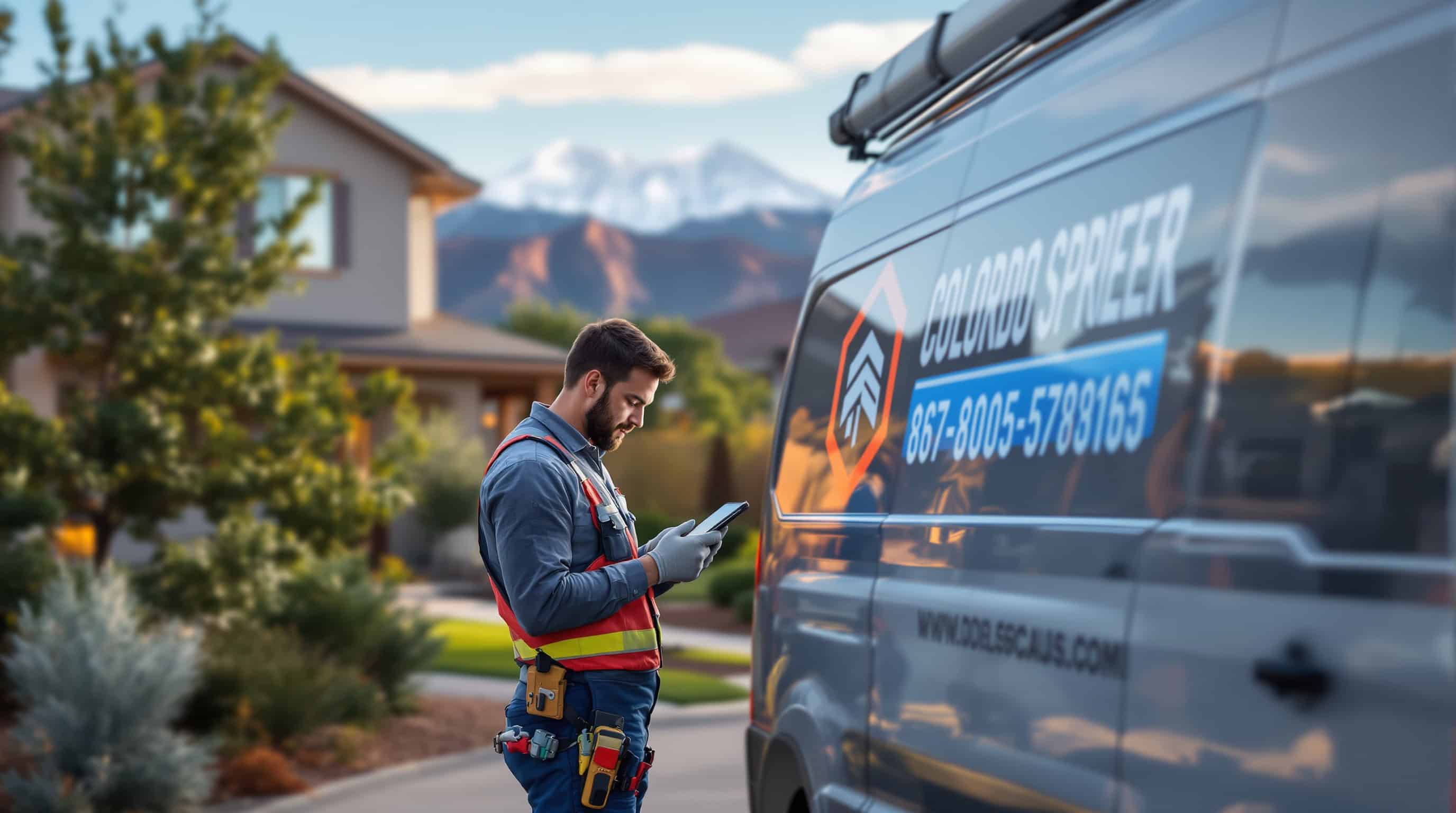 Colorado Springs contractor using tablet near branded work van and home, illustrating local SEO strategies.