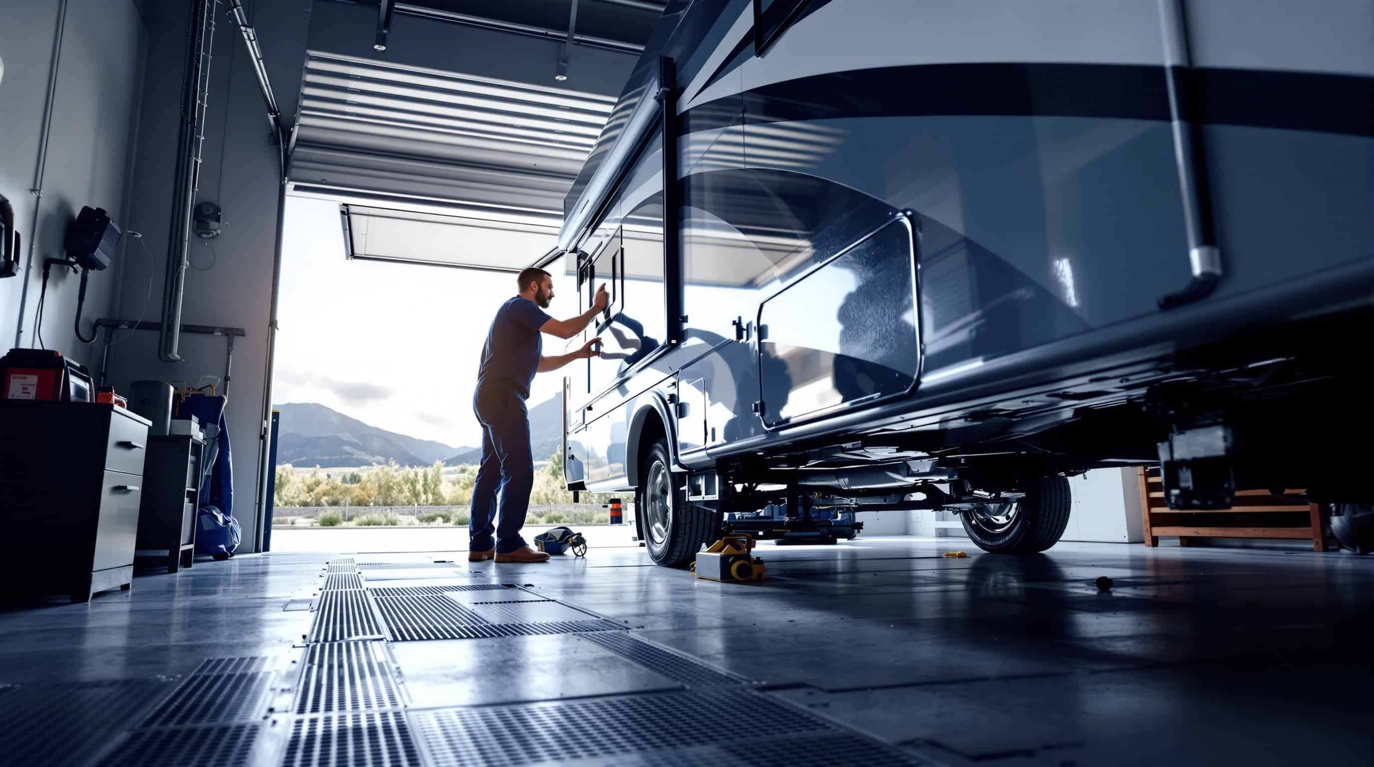 RV repair technician inspecting the undercarriage of a motorhome in a service bay with mountain light coming through the open garage door