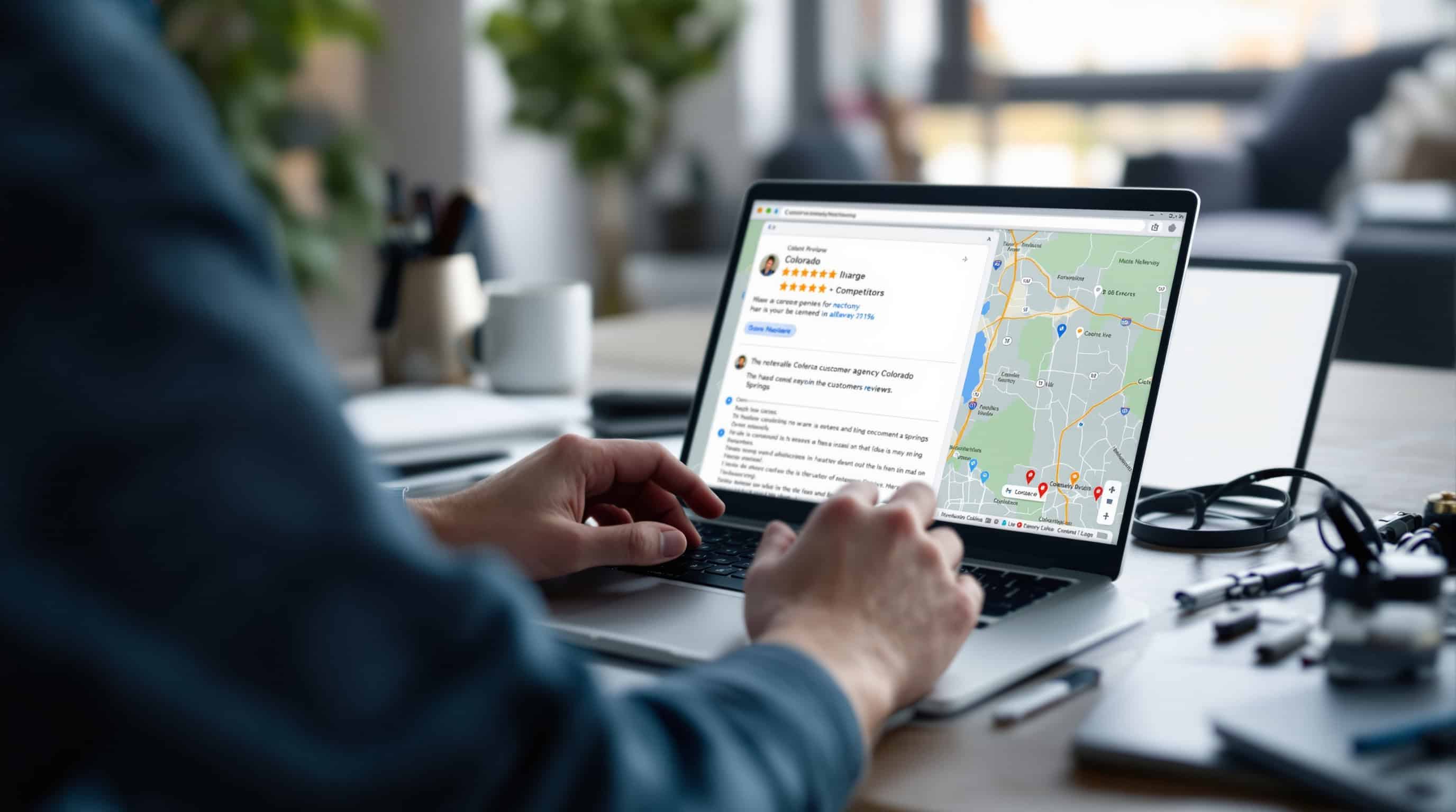 Colorado Springs business owner at a laptop responding to a customer review with a phone showing a map of nearby competitors on the desk