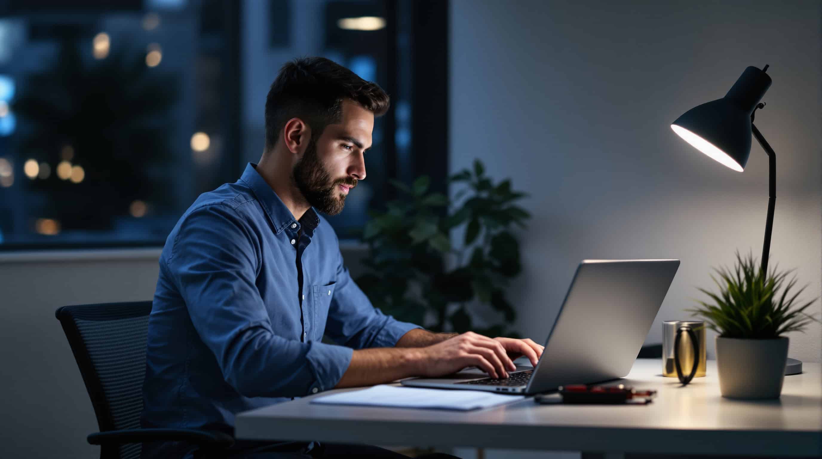 Colorado Springs business owner reviewing marketing analytics on a laptop at a small office desk in the evening