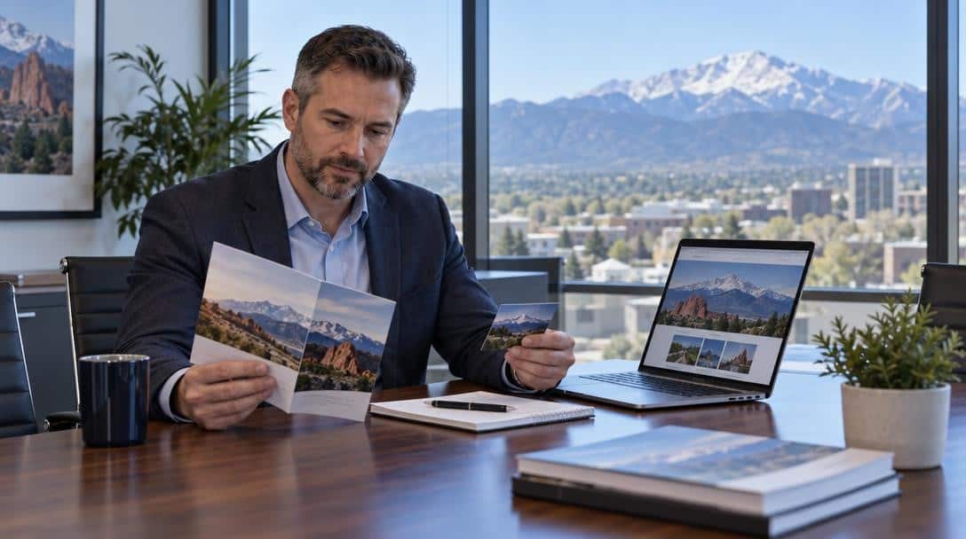Colorado Springs business owner at a conference table comparing an old printed brochure, a business card, and a website on a laptop, with Pikes Peak visible through the office window
