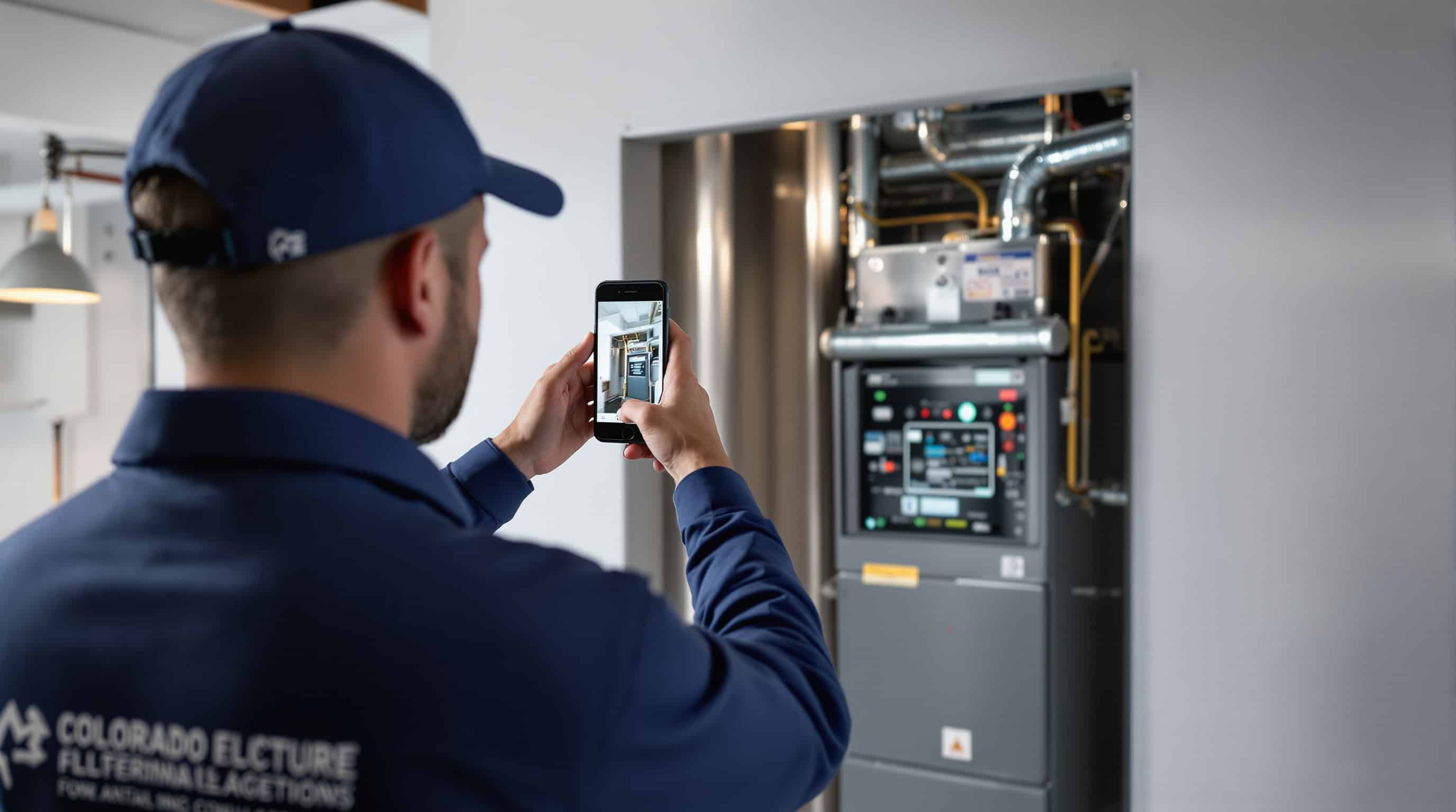 HVAC technician in branded uniform photographing a completed furnace installation in a Colorado Springs basement with a smartphone for a social media post