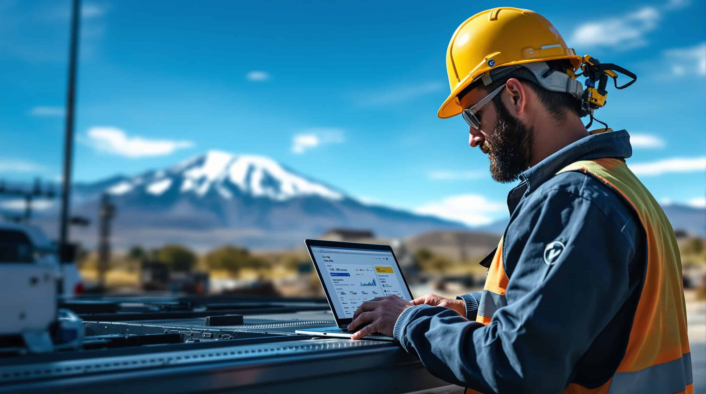 Colorado Springs contractor reviewing a laptop showing Google Ads campaign data at a job site truck tailgate, Pikes Peak visible in the background