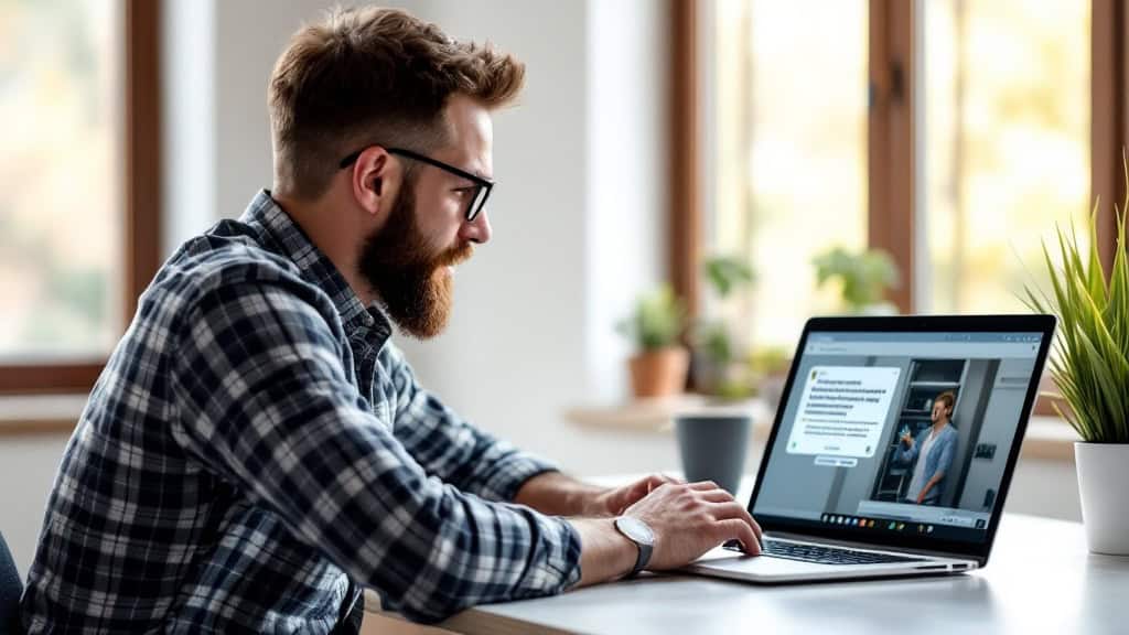 Service business owner at a desk in Colorado Springs reviewing an AI chat interface on a laptop, with a furnace diagnostic question visible on screen, natural window light